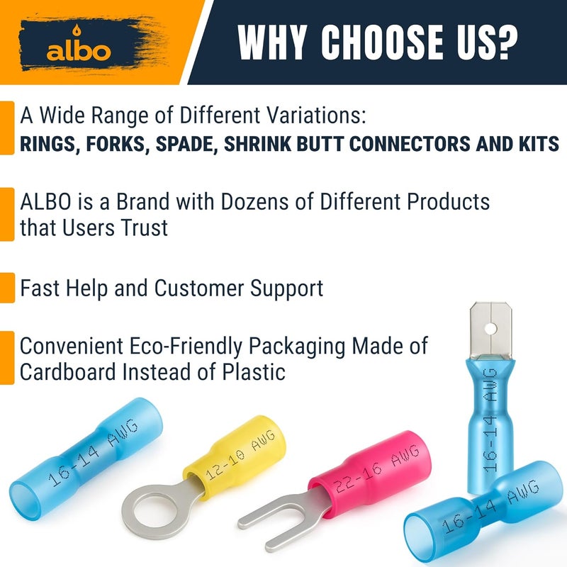 ALBO 200PCS Red Heat Shrink Fork Spade Connectors #10 – 22-16 AWG Tinned Copper Terminals, Waterproof Wire Crimp Kit for Automotive, Marine, Speaker & Electrical Wiring - Image 5